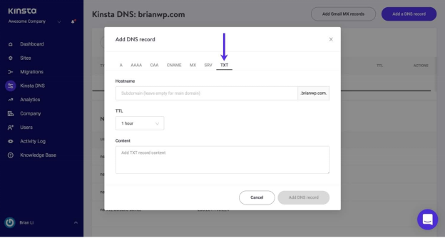 Kinsta Nameservers: Add DNS record