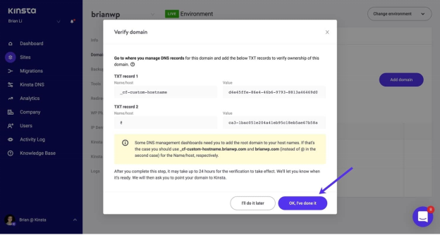 Kinsta Nameservers: Ok Done Add doamin