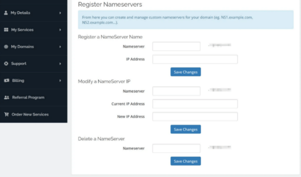 On clicking manage domain