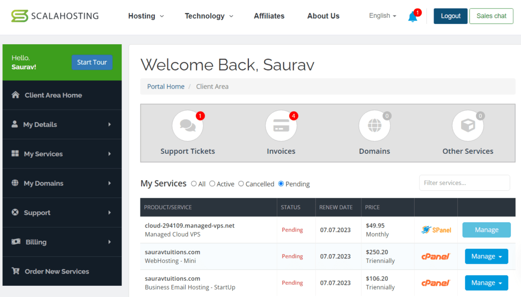 ScalaHosting Dasboard