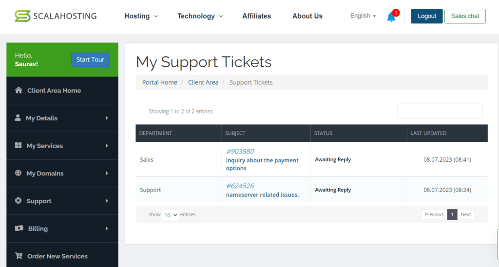 ScalaHosting my support tickets