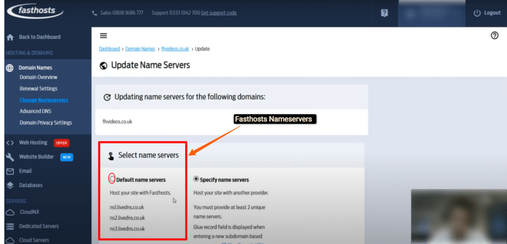 Fasthost nameservers are listed as shown in the image
