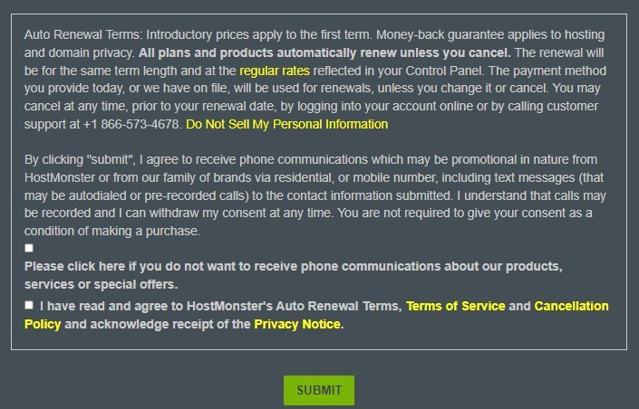 agreement policies of HostMonster