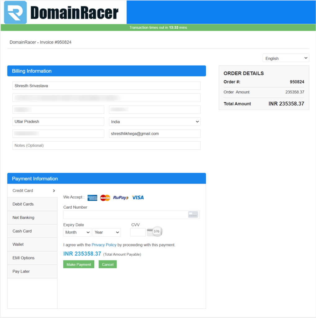 DomainRacer payment options
