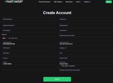 Sign Up page of fast2host