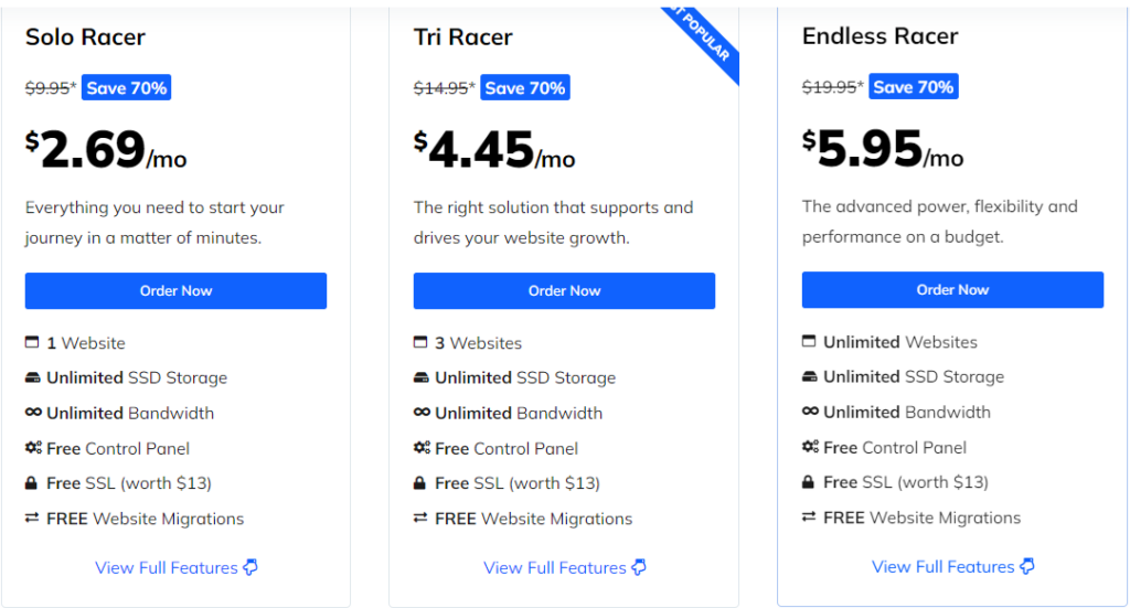 Hostracer Web Hosting plans 