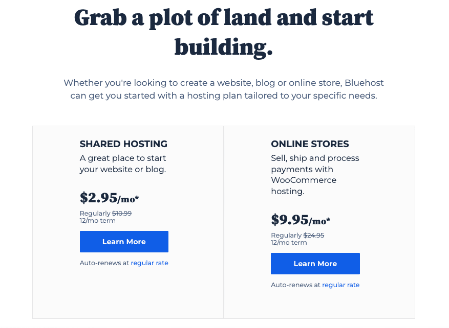 Bluehost Pricing and plans