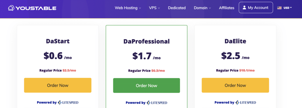 YouStable WordPress Plans and Pricing 