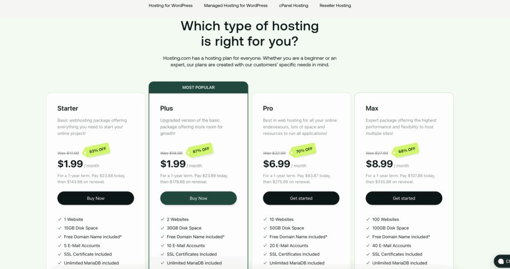 Hosting.com web hosting plans