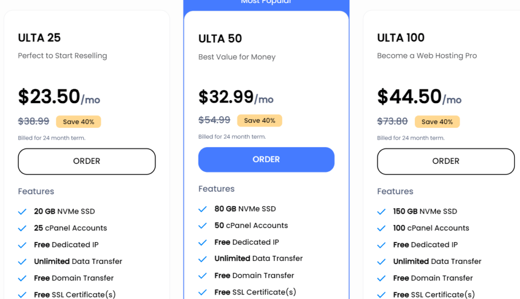 UltaHost Reseller Hosting Plans