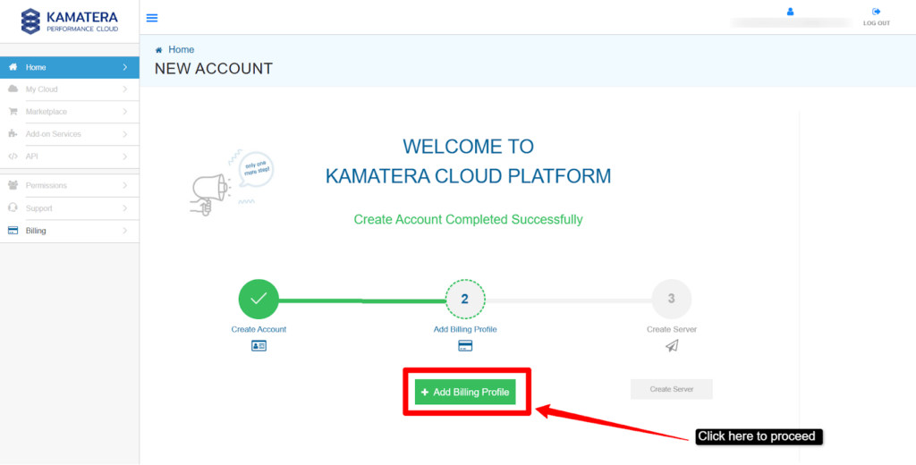 As you do so, you get to access your Kamatera dashboard