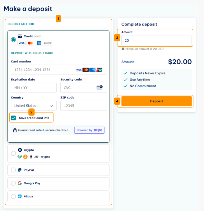 Click deposit to pay the amount and get started right away.