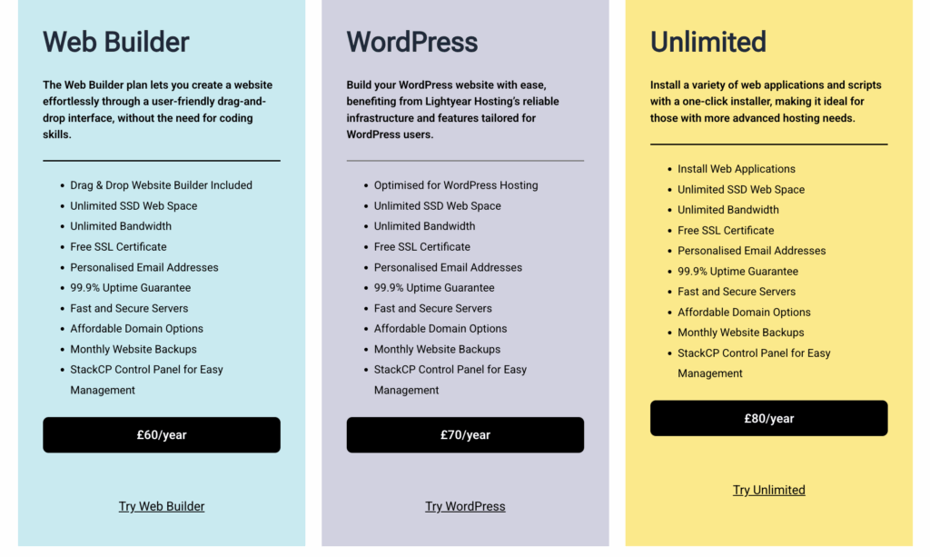 LightYearHosting Review 2 LightYearHosting Plans