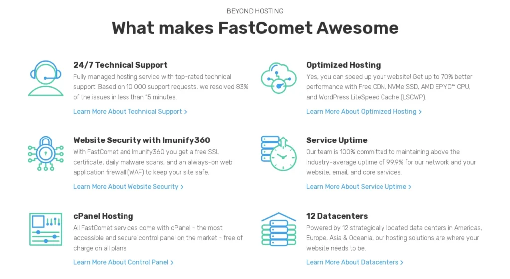 FastComet key features: 24/7 support, Imunify360 security, cPanel, LiteSpeed and 12 data centers