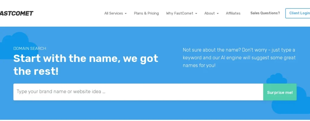 FastComet homepage with domain search, October 2026
