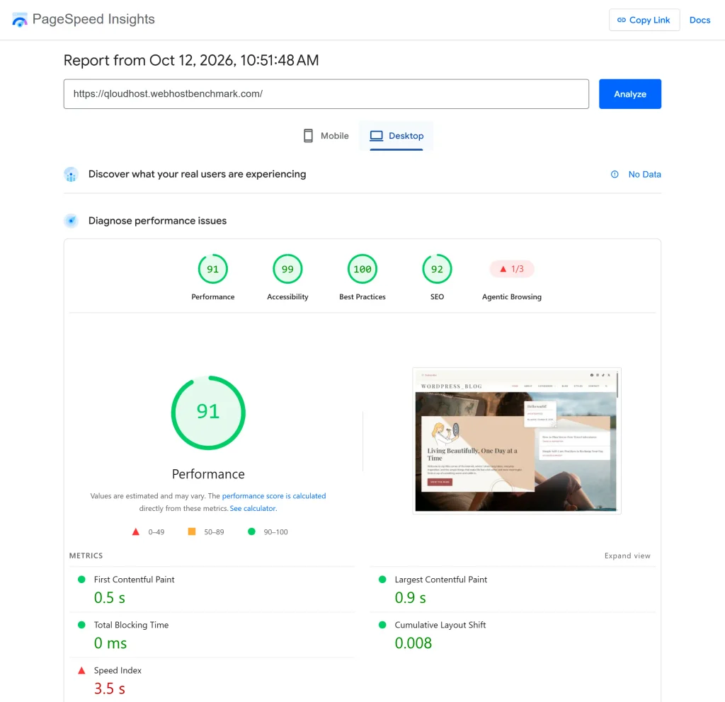 Speed Performance on Desktop