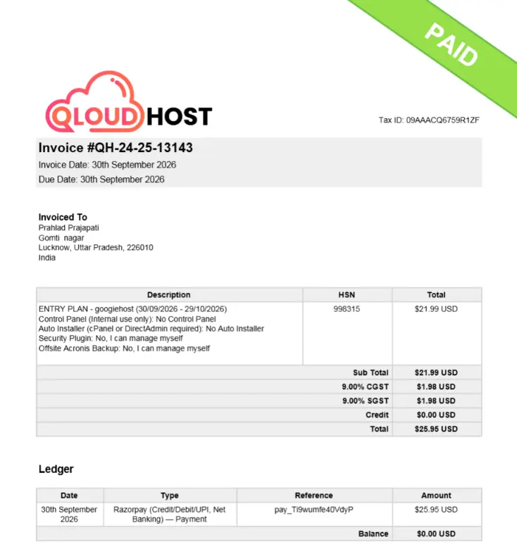 qloudhost invoice