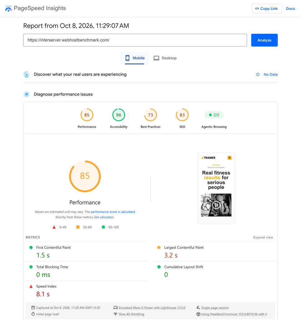 Google PageSpeed Testing using mobile