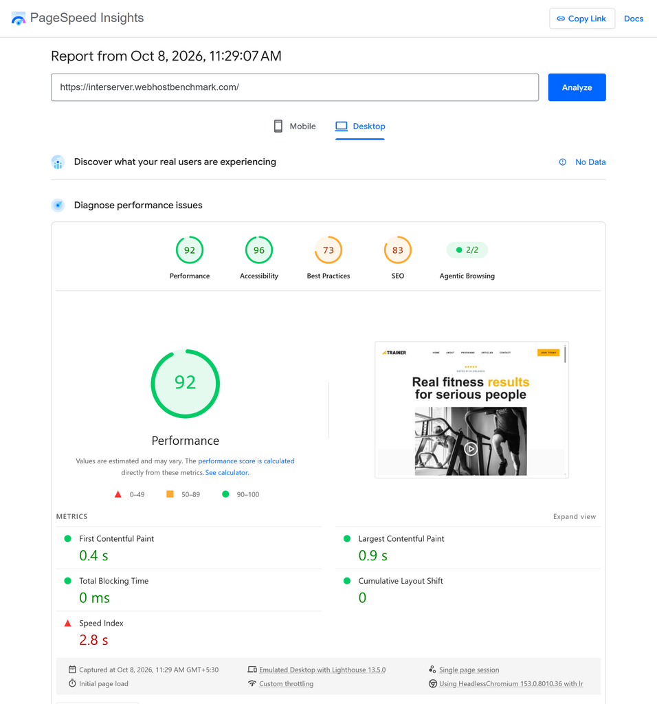 Google PageSpeed Testing using desktop