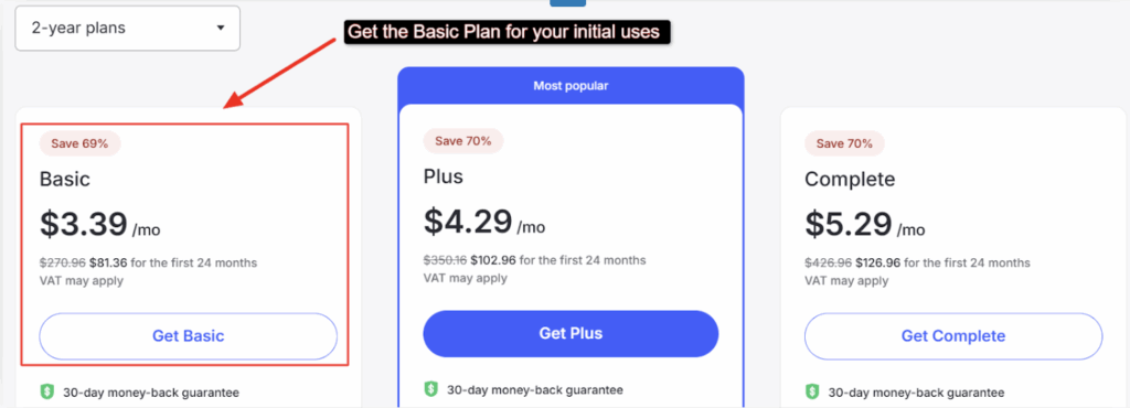 Choose from among the VPN plans given