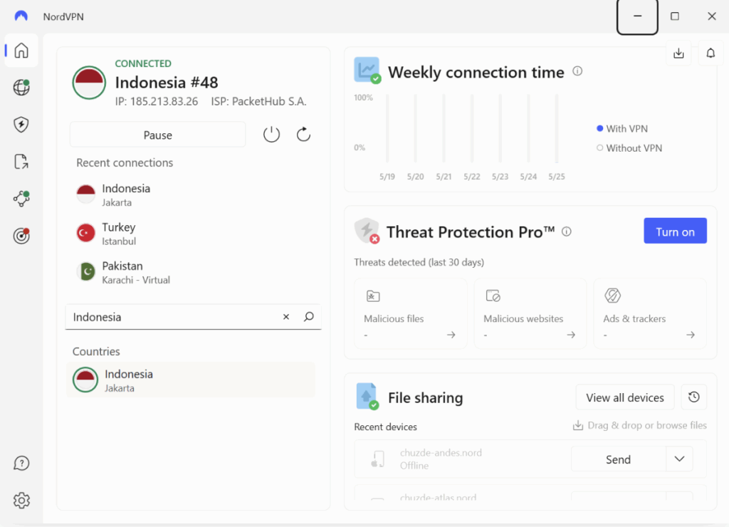 Once installed, the app opens with a simple interface, Search for Indonesia VPN in the app and connect in seconds
