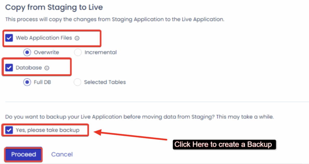 You also have a choice to take a file and database backup
