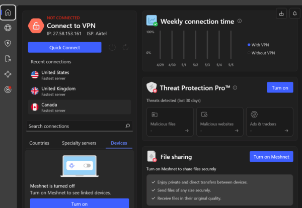 You finally get to access the main interface of the NordVPN app