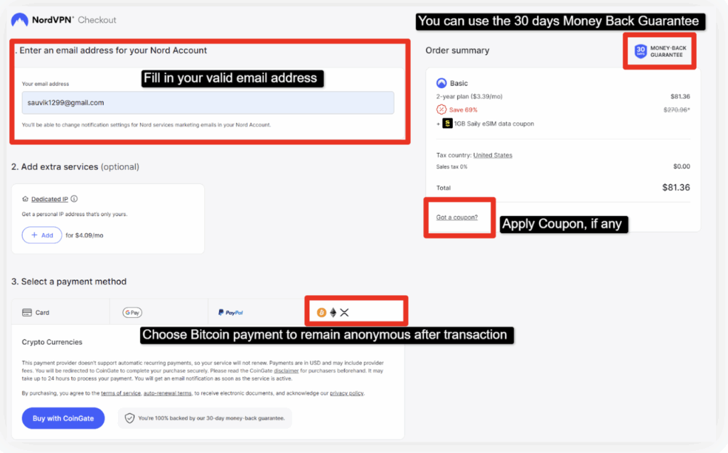 Enter Email & Pay via Bitcoin (for anonymity)