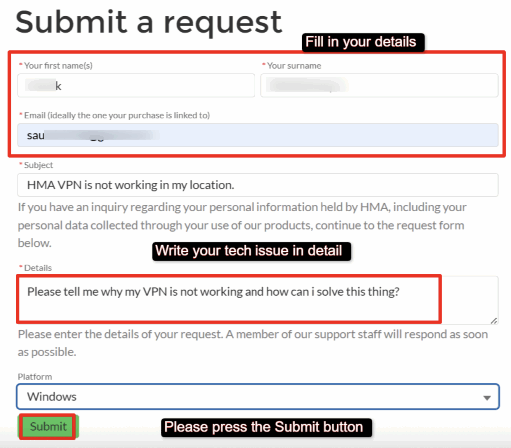 Once we hit the "Submit" button >> Our ticket was successfully sent to HMA's support team. 
