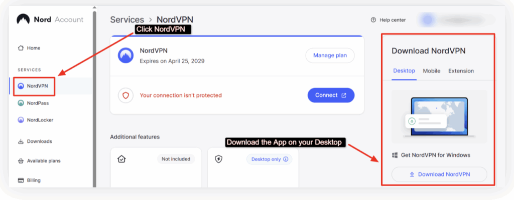 Press the Download NordVPN option to get the app on your desktop.