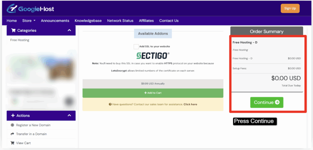 Click Continue to proceed with the free hosting plan