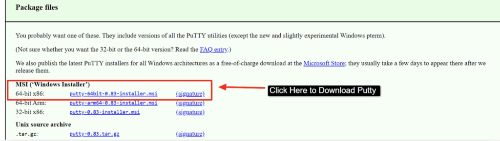Click the 64-Bit Installer Putty as shown in the screenshot below