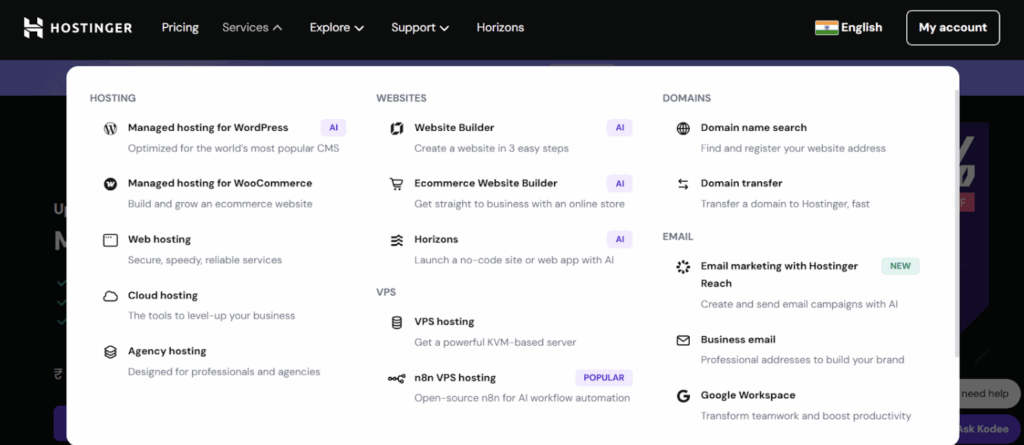 Go to the official website of Hostinger >> Click to Services drop down button >> Click on the n8n VPS Hosting option.