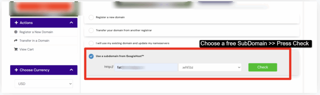 GoogieHost option to get a free subdomain