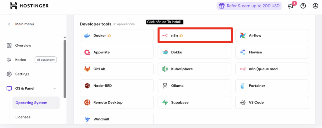 Scroll down >> And click n8n application under the developer tools section as shown in the screenshot below