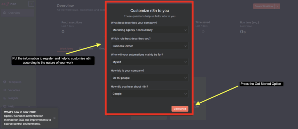 To help n8n customize your workflow, it asks you to answer a few relevant questions