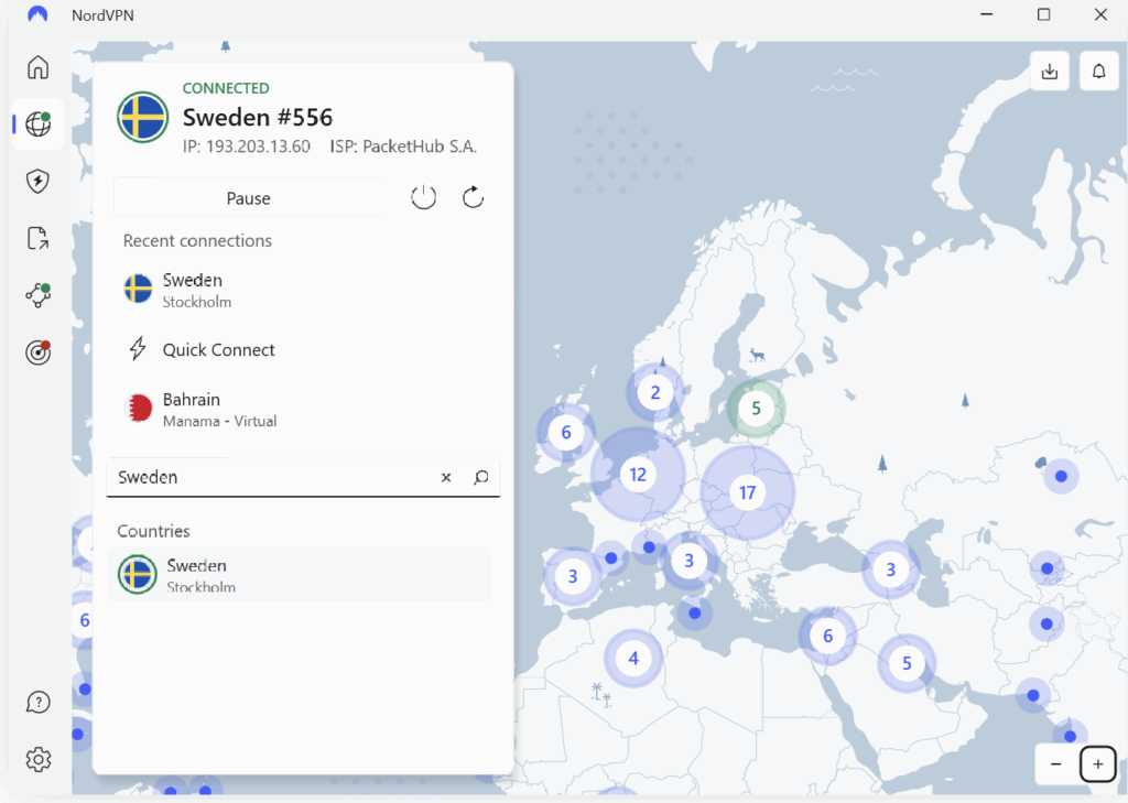 select a server in Sweden