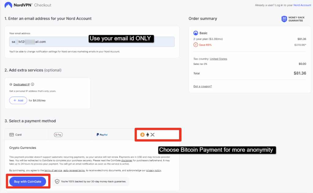 Register an account with NordVPN using your valid email id only