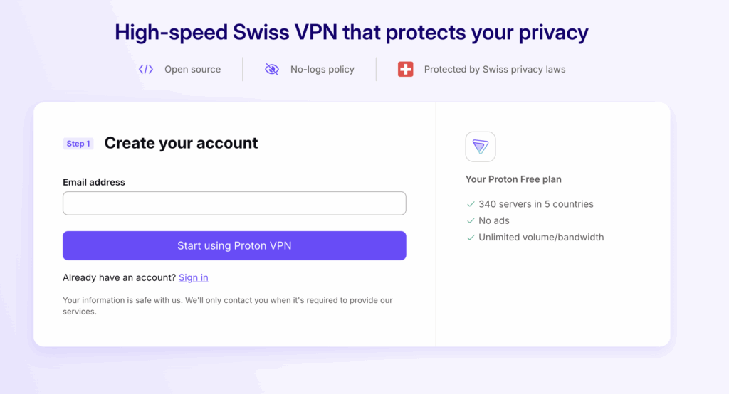 sign up ProtonVPN free account