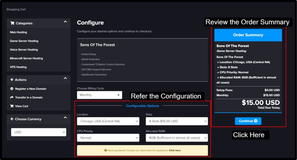 Customize settings like server name, number of slots, GB RAM, mods, and location