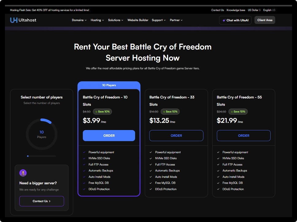 UltaHost’s Battle Cry of Freedom Game Server Plans