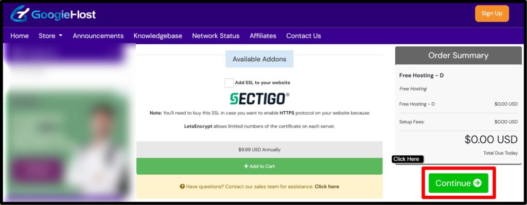 Press Continue to proceed with the checkout option