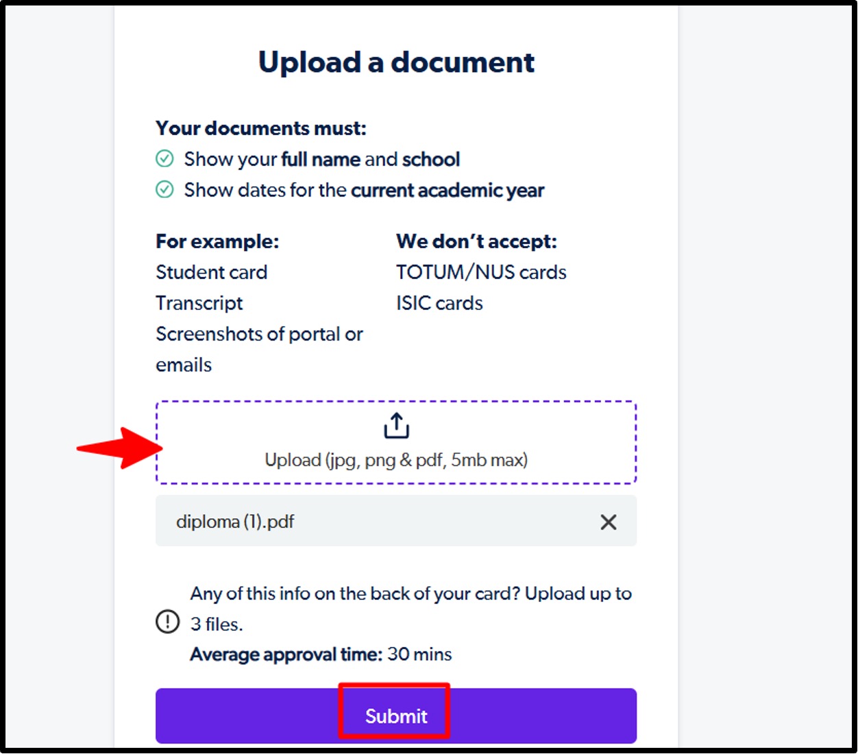 then upload the official document of your school, college or institute