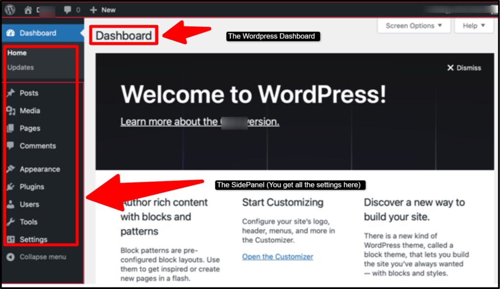 Al abrirlo, accederás al panel de bienvenida de WordPress.