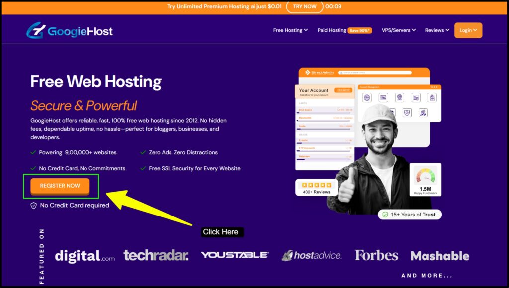 Primero, dirígete al sitio web oficial de googiehost.