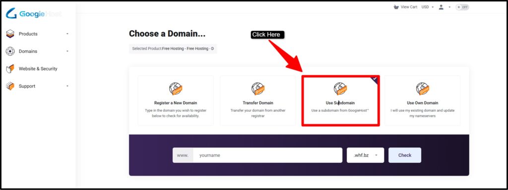 Luego, se le redirige a Elegir una domain página de pago