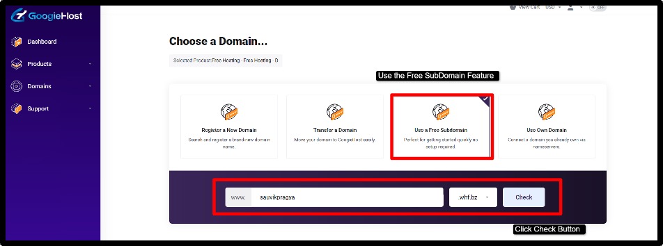 Choose a Free Subdomain
