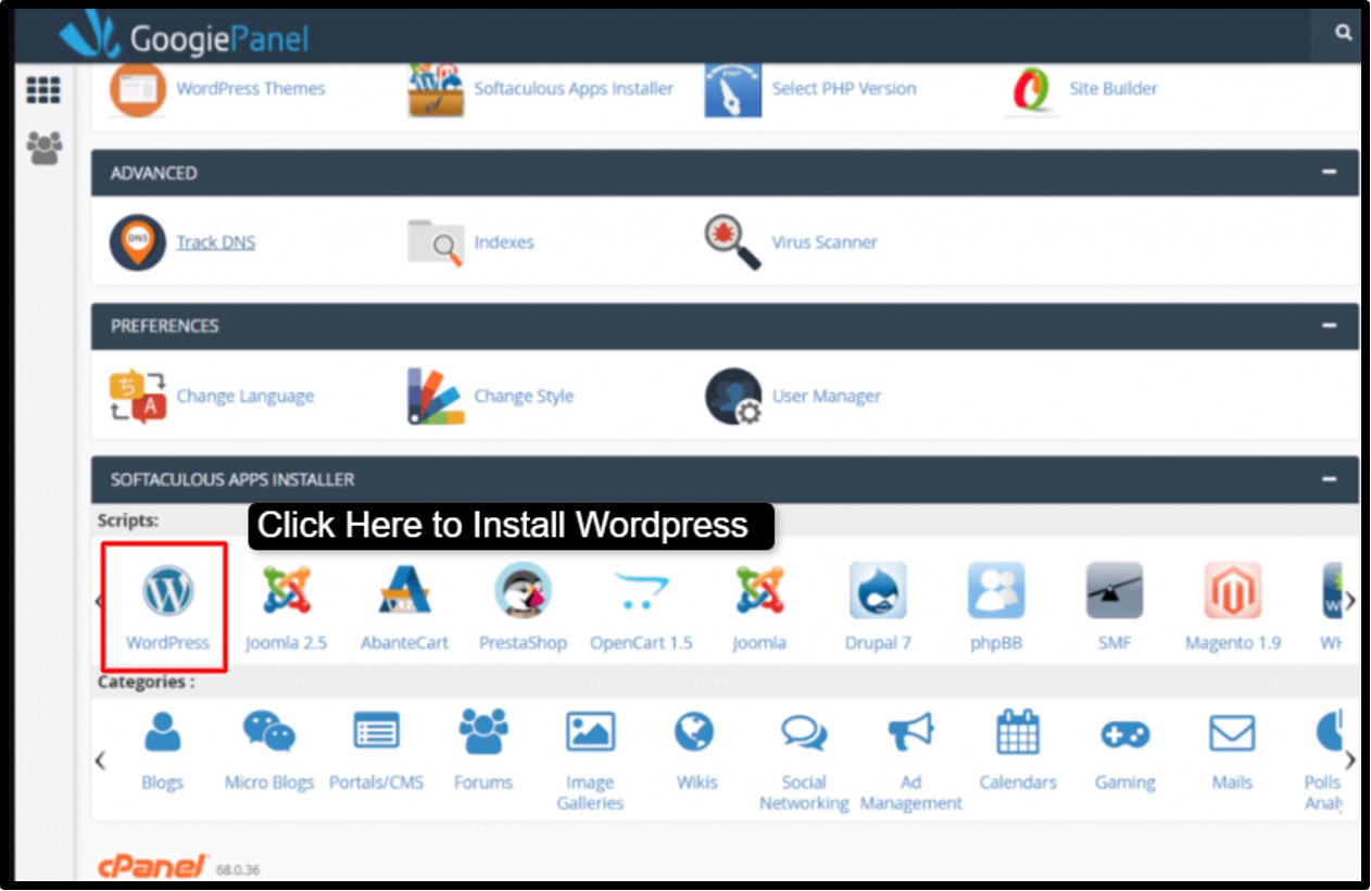 Click Here to install WordPress
