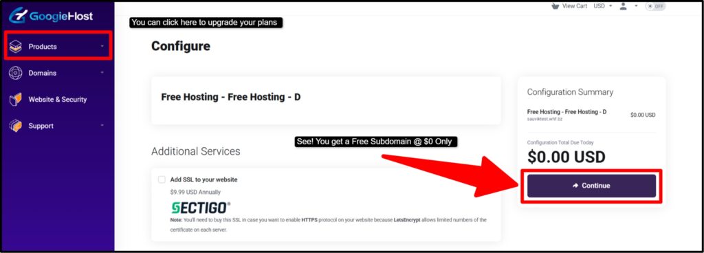 It is absolutely free and GoogieHost does not charge any dollar for it.