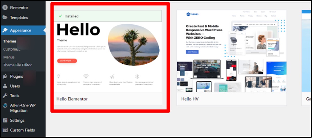 On the Hello Elementor theme card 